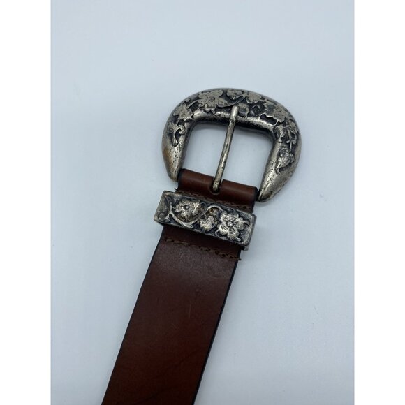 Brown Genuine Leather Belt Women's Size M Floral Buckle and Tab Argentina - Picture 15 of 16